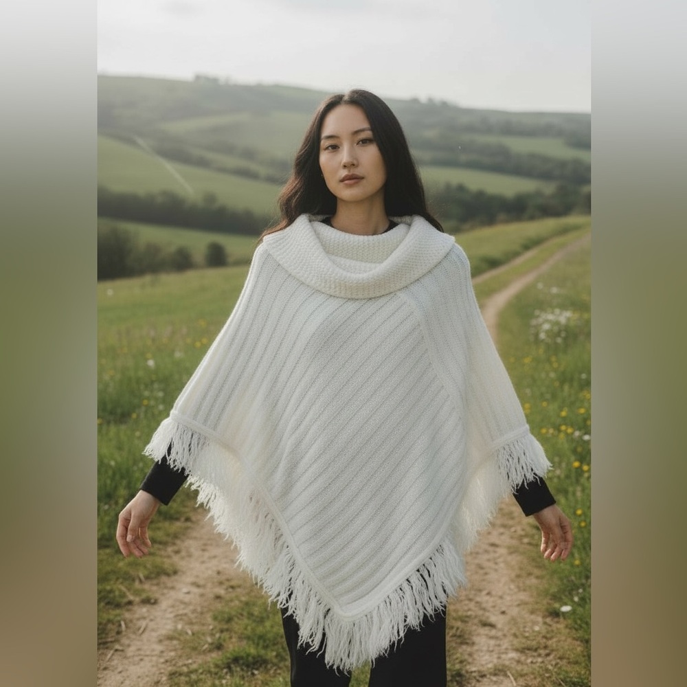 vtg THE VERMONT COUNTRY STORE sz Missy Sweater Poncho Fringe Cowl Neck White